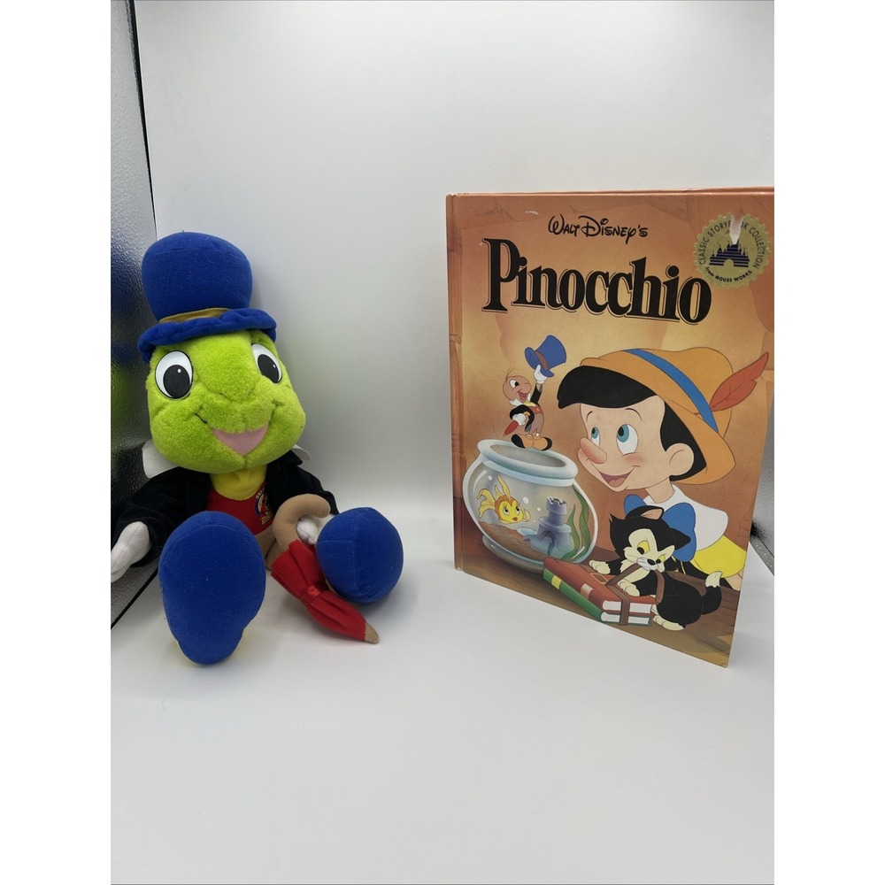 Vintage Disney Pinocchio Lot: 1992 Mattel 16" Jiminy Plush & 1986 Hardcover Book